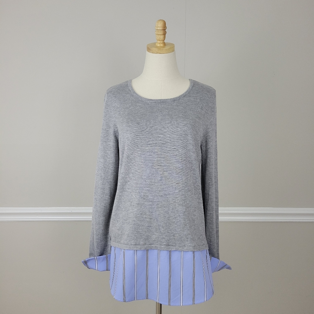 Olivia Sky Mixed Media Crew Neck Split Back Blouse Top Size L